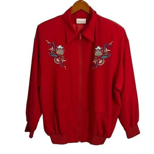 Jordana 90s Red Bomber Jacket XL Colorful Embroidery Full Zip Collared Vintage